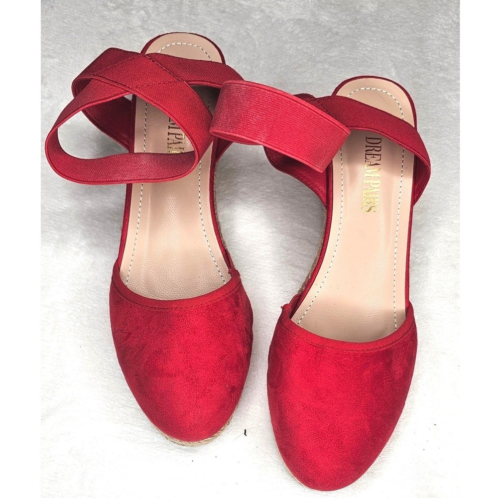 NWOT Dream Pairs Wedge Sandals 8.5 Red Espadrille Elastic Ankle Strap Faux Suede